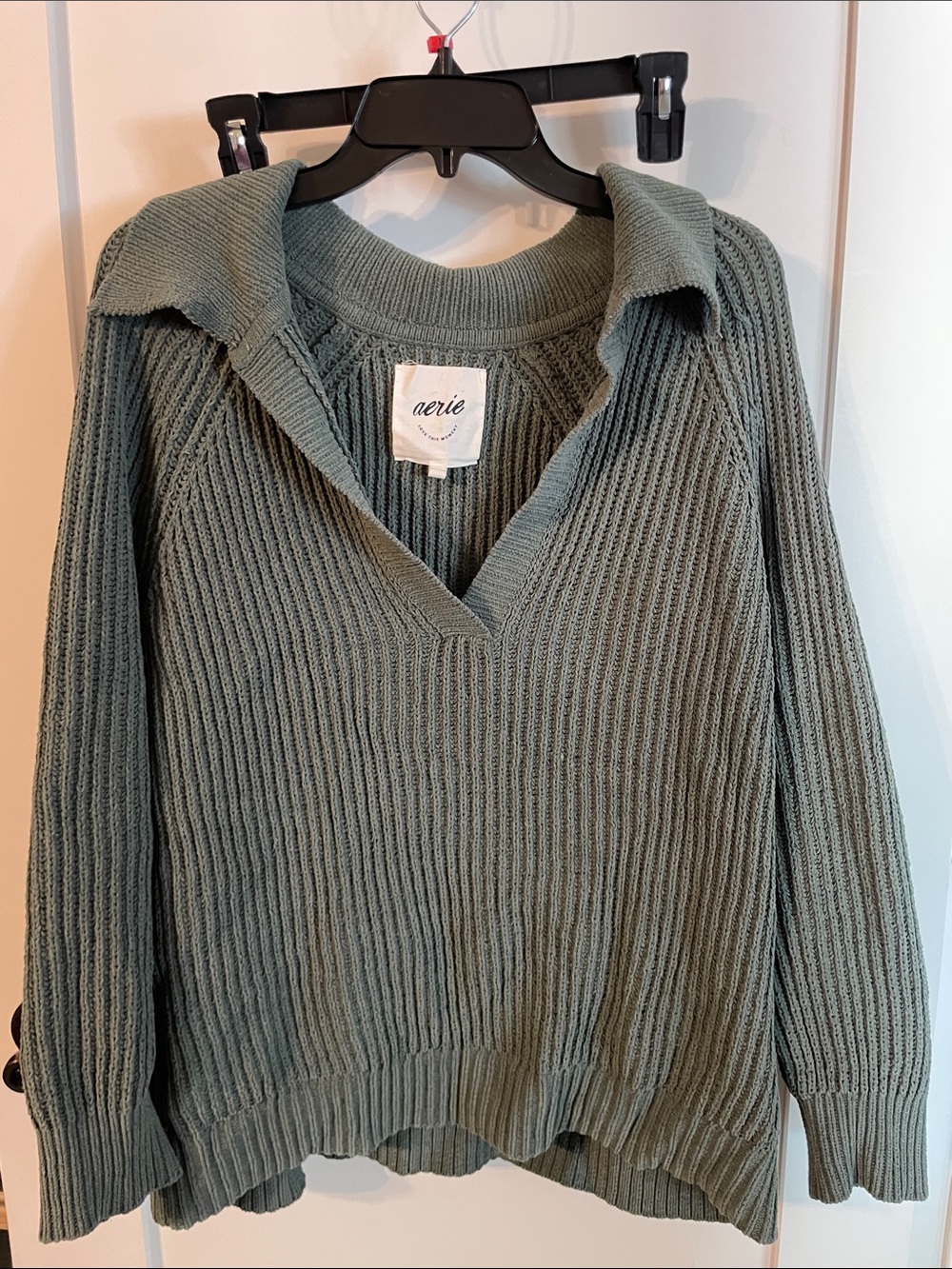aerie Olive Ribbed Collared V-Neck Pullover Knit Sweater